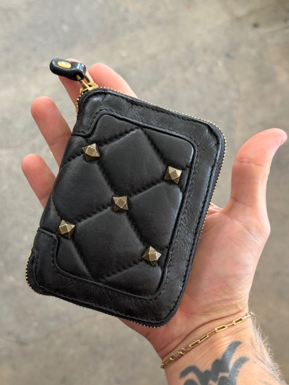 Campomaggi Leather Studded & Embossed Zip Bifold Wallet in Black